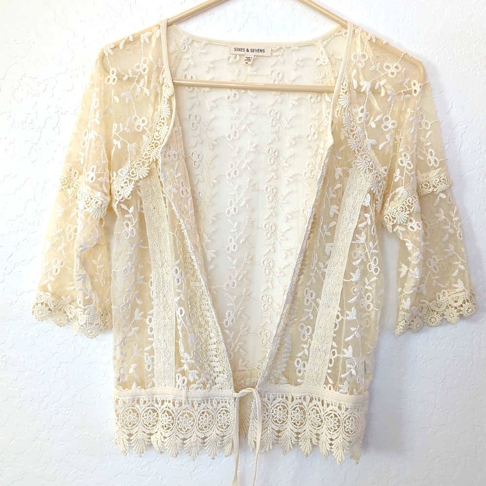 SIXES and SEVENS Eyelet Lace Cardigan Cream Medium
